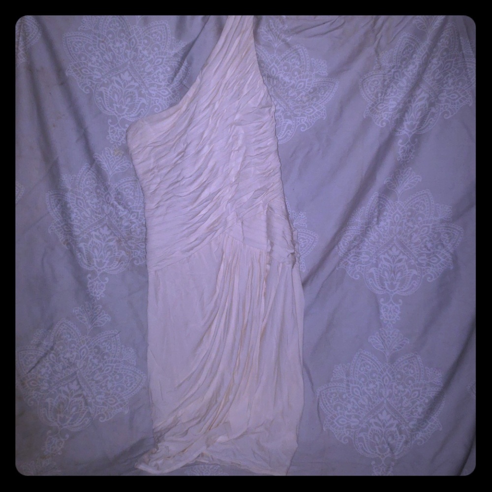 Bcbg cream one shoulder formal dress
